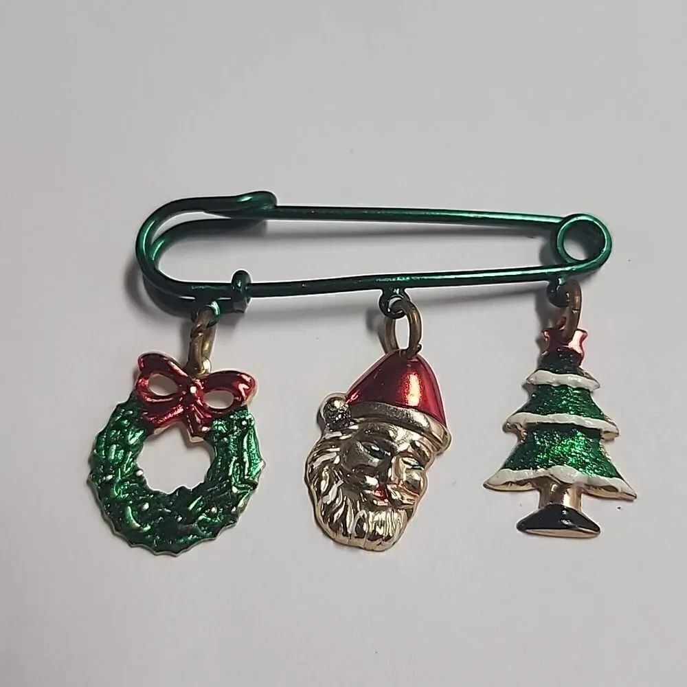 Christmas Safety Pin Brooch Wreath Santa Tree